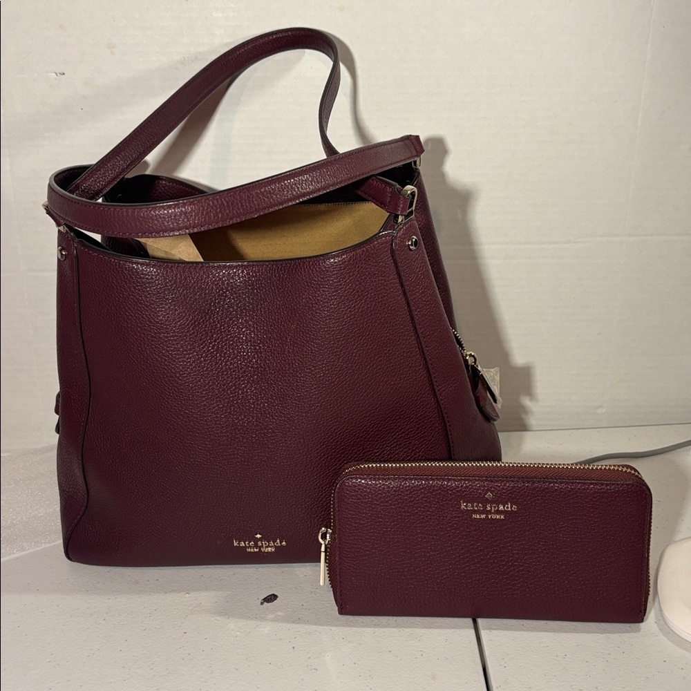 Kate Spade Leila Medium Purse Wallet set triple compartment Cherrywood Burgundy